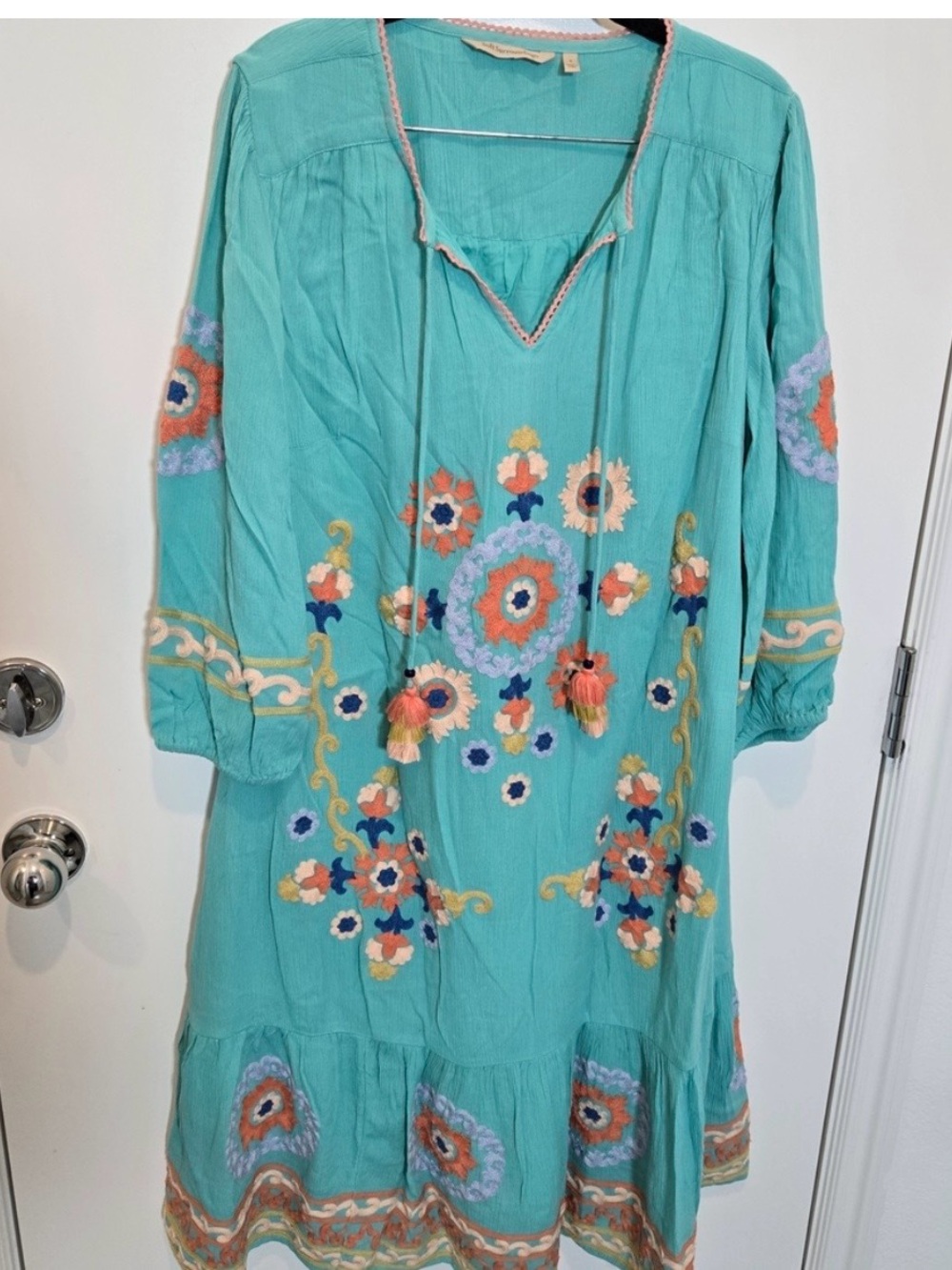 Soft Surroundings Turquoise Embroidered Long Sleeve Dress